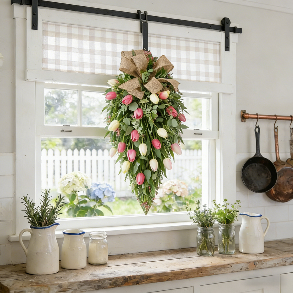 Artificial Tulip Door Swag with Greenery Leaves and Burlap Bow